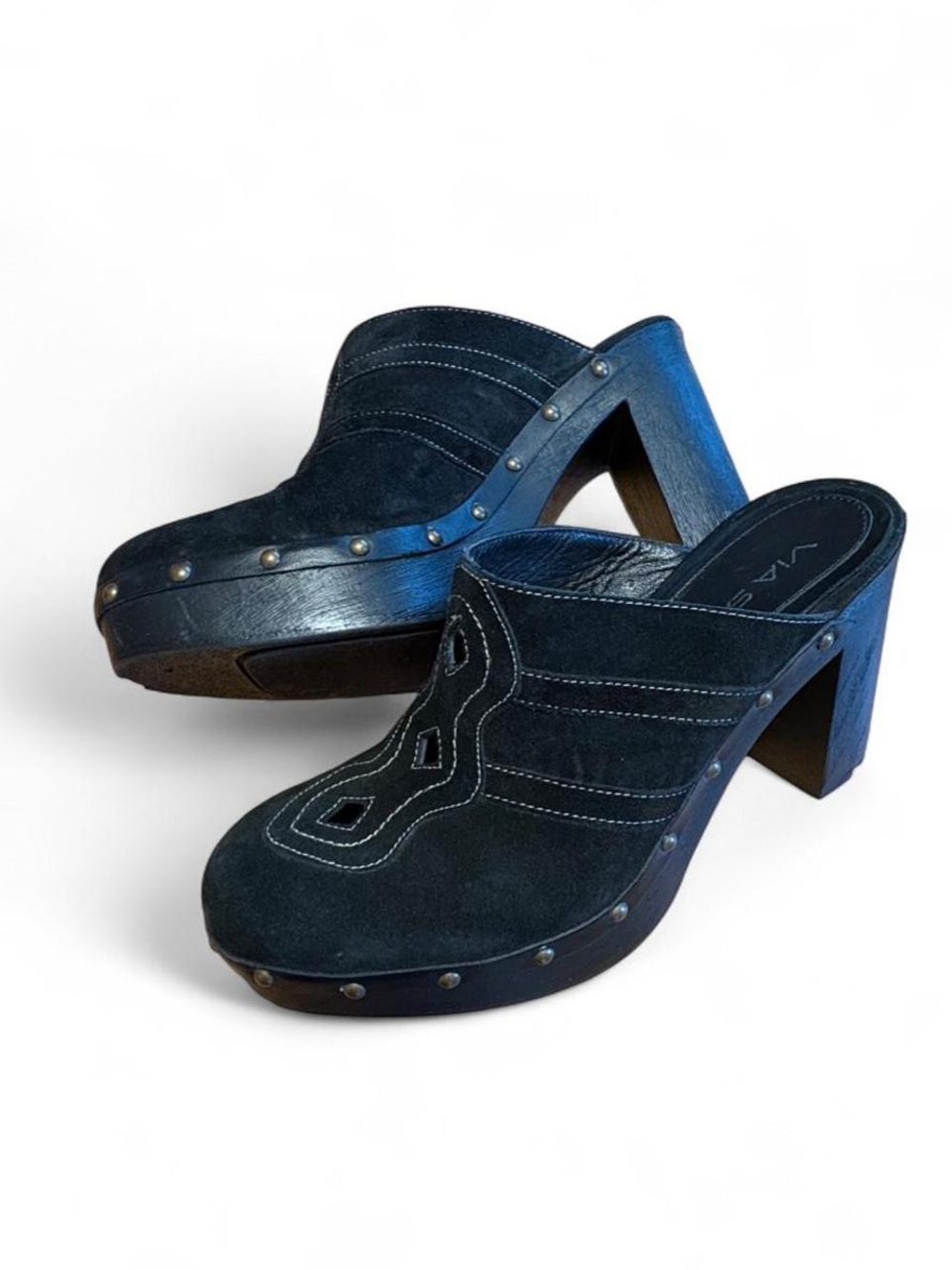 Via Spiga Studded Suede Clogs 9 Black Heels Boho Hippie Made in Italy Slip On